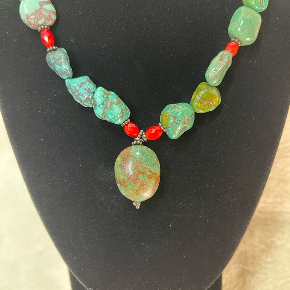 Statement Turquoise and Red Beaded Necklace - Picture 3 of 4